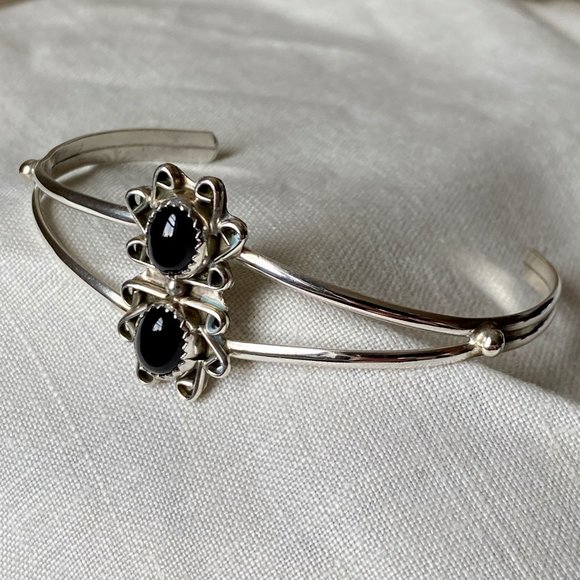 Onyx Sterling Navajo Cuff Bracelet - Picture 1 of 3